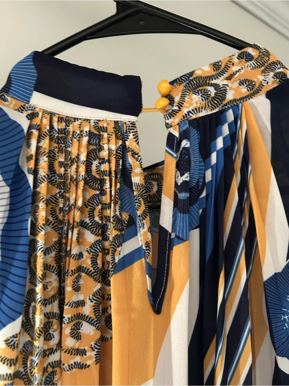 CQ by CQ Pleated Geometric Midi Dress in Blue and Yellow